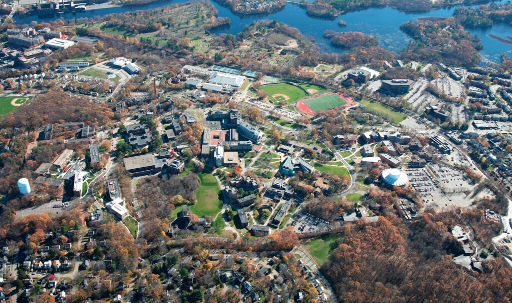 Aerial view of the Brandeis Campus. Photo by Joseph Melanson.